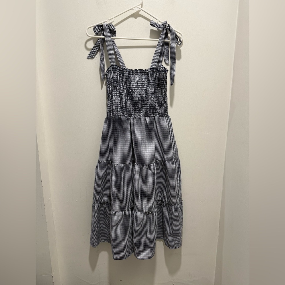 Heathery Navy Blue Gingham Smocked Tiered Sundress Size MP - Picture 2 of 7